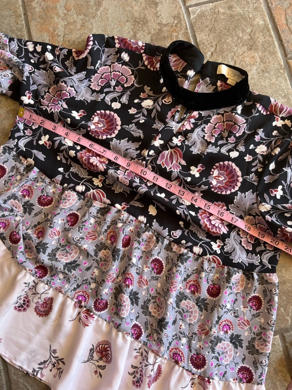 LOFT Floral Tiered Long-Sleeve Blouse with velvet neck band - Picture 6 of 11